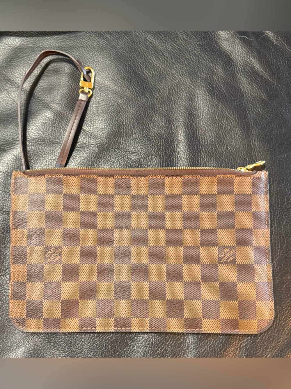 Louis Vuitton Brown Damier Ebene Wristlet Red interior